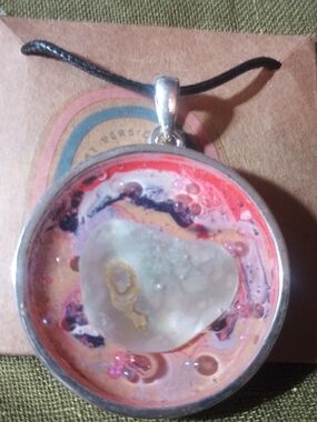 Handmade Pink & Red Resin Pendant Necklace with Sea Glass Accent